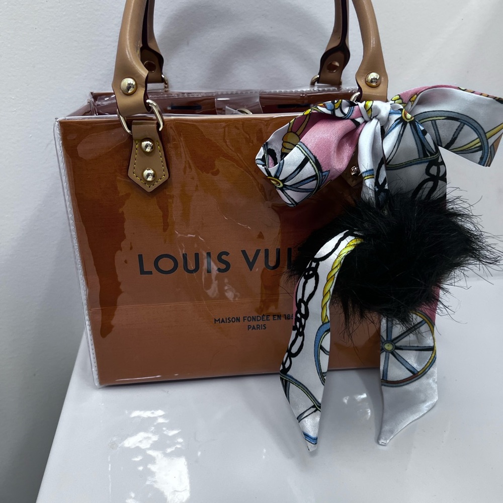Louis Vuitton Tan tote shopping bag with Colorful Scarf